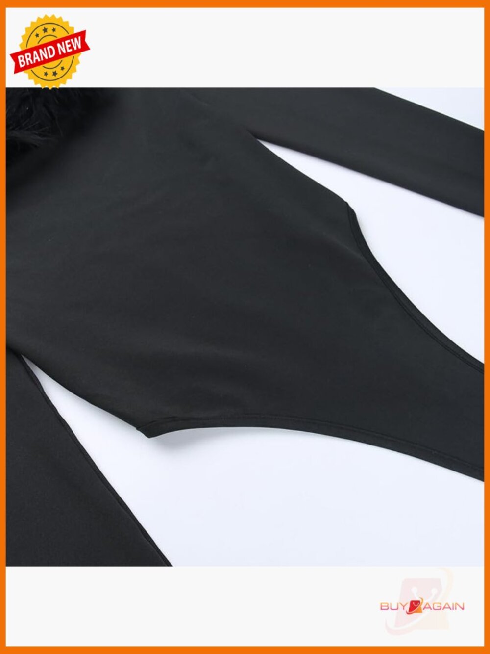 Long Sleeve Off Shoulder Bodysuit with Feather Trim Slim Fit - Picture 7 of 7